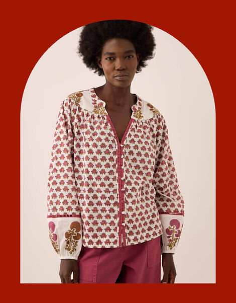 East Karmen Woodblock Print Blouse, Pink (PINK), large