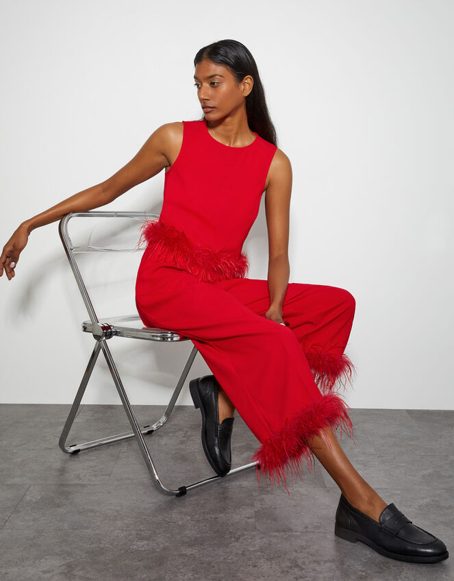 Monsoon x Sarah Corbett-Winder Feather Trim Cropped Trousers, Red (RED), large
