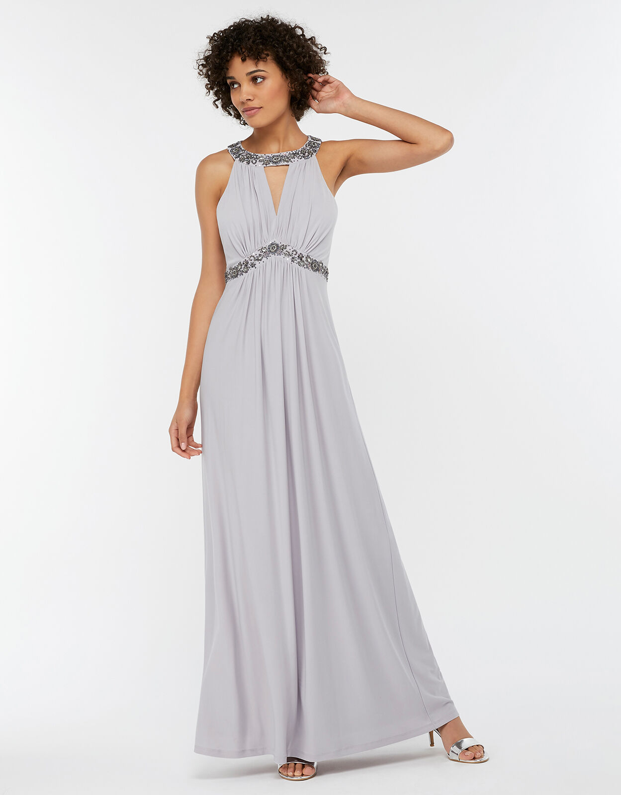 Grey chiffon cap sleeve embellished maxi dress hotsell