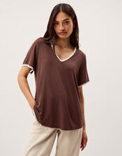 Tilly Contrast Stitch Jersey T-Shirt, Brown (CHOCOLATE), large