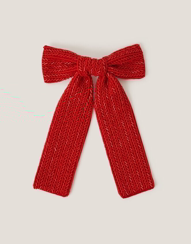 Beaded Bow Hair Clip, Red (RED), large