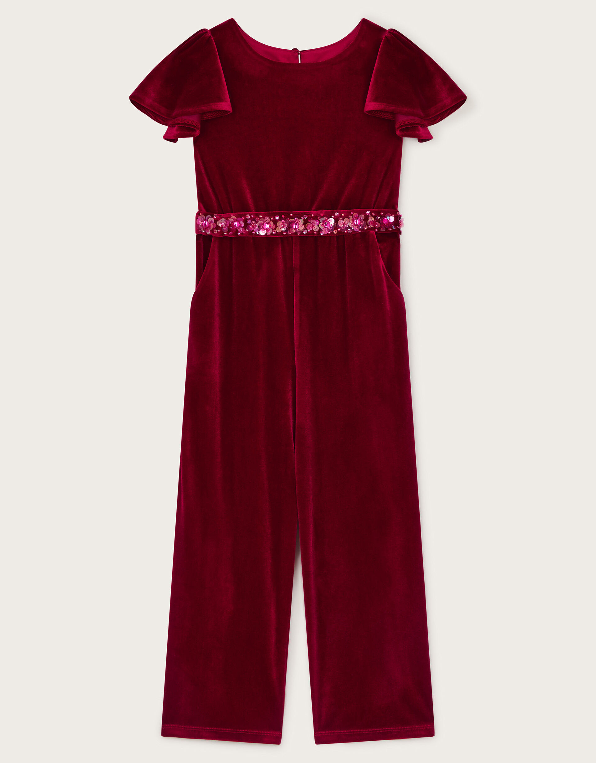 Sequin Belt Velour Jumpsuit Red