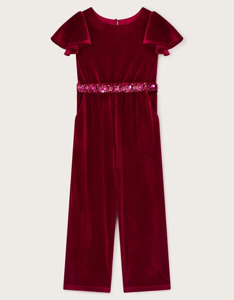 Sequin Belt Velour Jumpsuit, Red (RED), large
