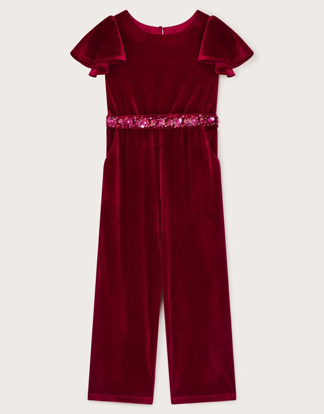 Sequin Belt Velour Jumpsuit, Red (RED), large
