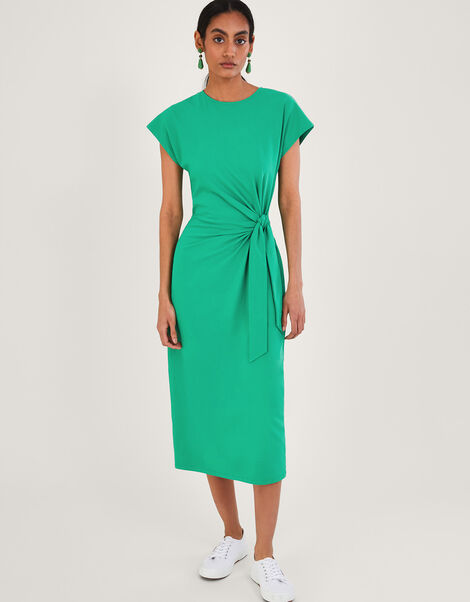Short Sleeve Side Knot Midi Jersey Dress with Sustainable Cotton, Green (GREEN), large