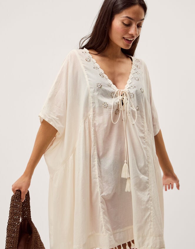 Astrid Tassel Embellished Mini Kaftan, White (WHITE), large