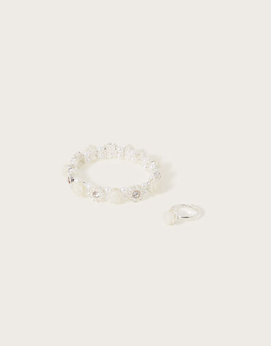 Pearly Flower Stretch Bracelet and Ring Set, , large