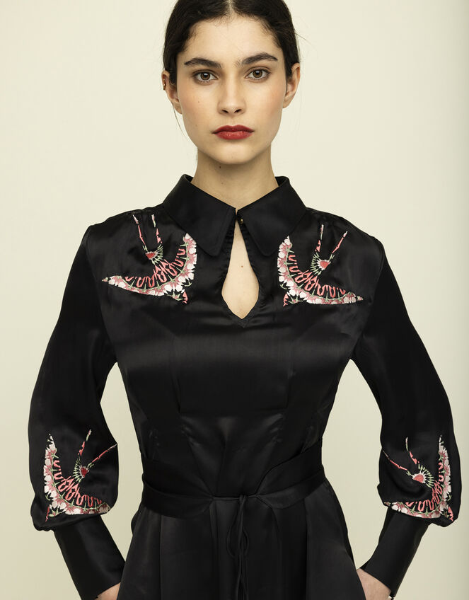 Tallulah & Hope Tamsin Bird Embroidered Midi Dress, Black (BLACK), large