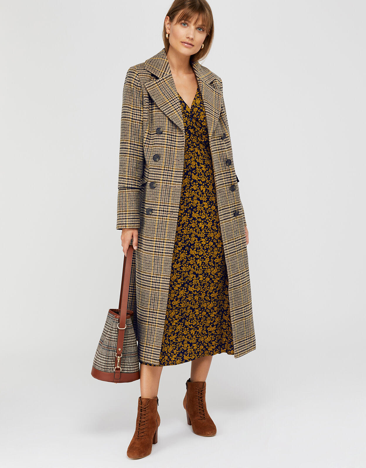 Anika Check Maxi Coat Yellow