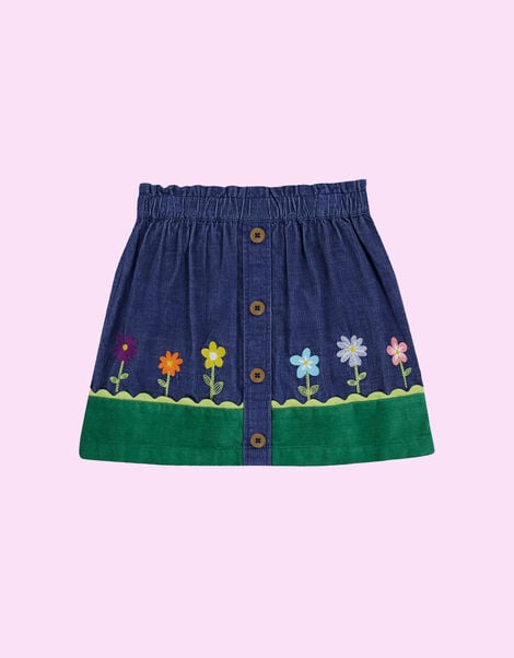 Frugi Cara Floral Embroidered Corduroy Skirt, Blue (NAVY), large