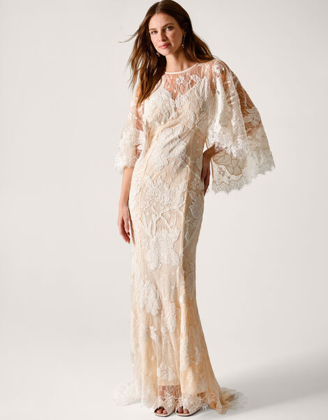 Eileen Cape Embellished Floral Lace Wedding Dress, Ivory (IVORY), large