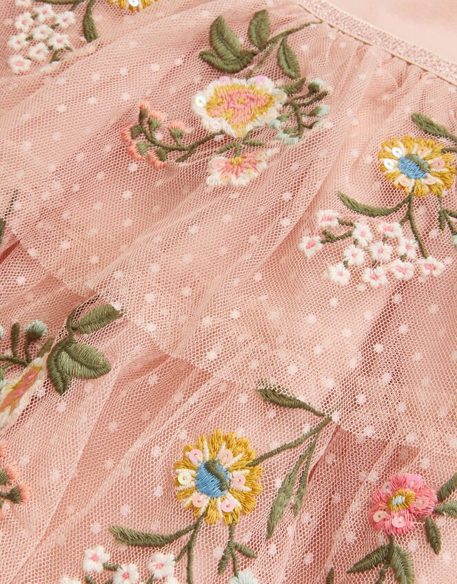 Short Sleeve Floral Embroidered Tulle Dress, Pink (PINK), large