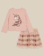 Embellished Unicorn Top & Disco Skirt Set, Gold (GOLD), large