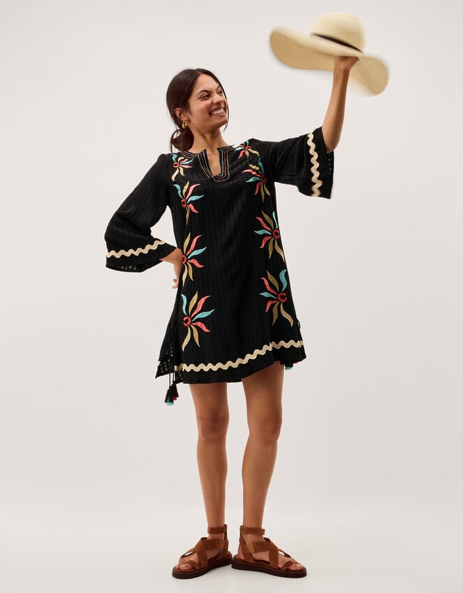 Bonnie Embroidered Mini Kaftan, Black (BLACK), large