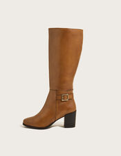 70s Long Leather Heeled Boots, Tan (TAN), large