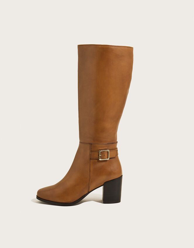 70s Long Leather Heeled Boots, Tan (TAN), large