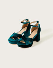 Velvet Padded Platform Heeled Sandals, Teal (TEAL), large