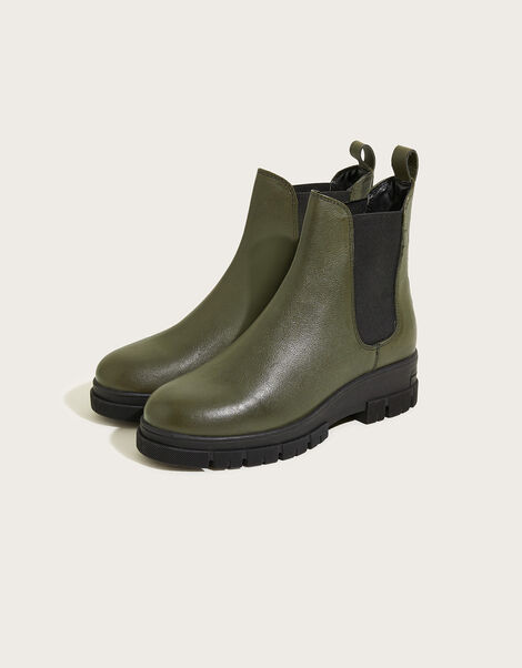 Short Leather Ankle Stomper Boots, Green (KHAKI), large