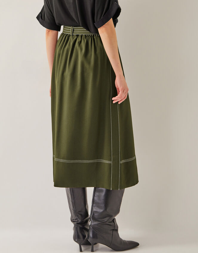 Katya Tie Waist Midi Skirt, Green (KHAKI), large
