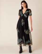 Gardenia Feather Embellished Tea Dress, Black (BLACK), large