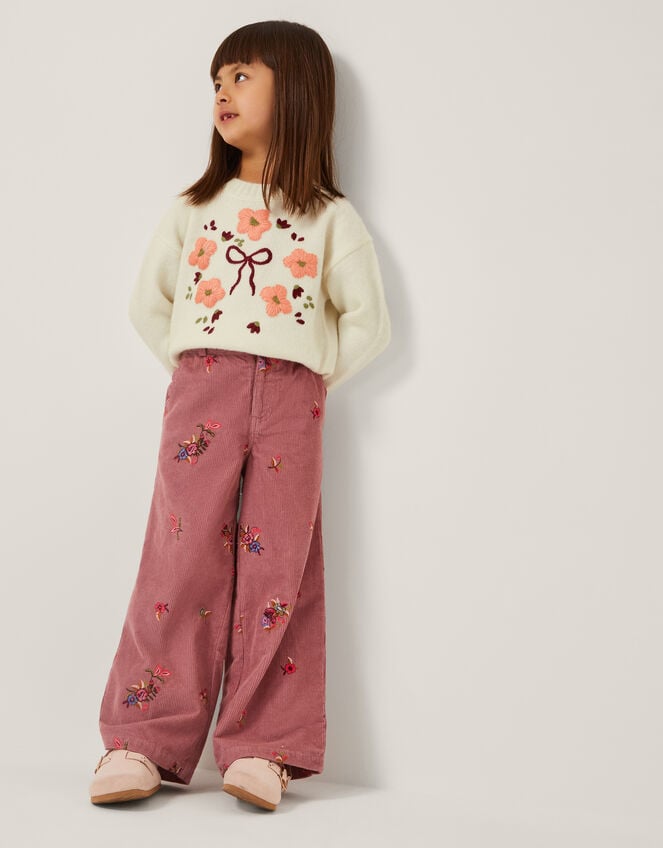 Embroidered Corduroy Wide Leg Pants, Pink (PINK), large