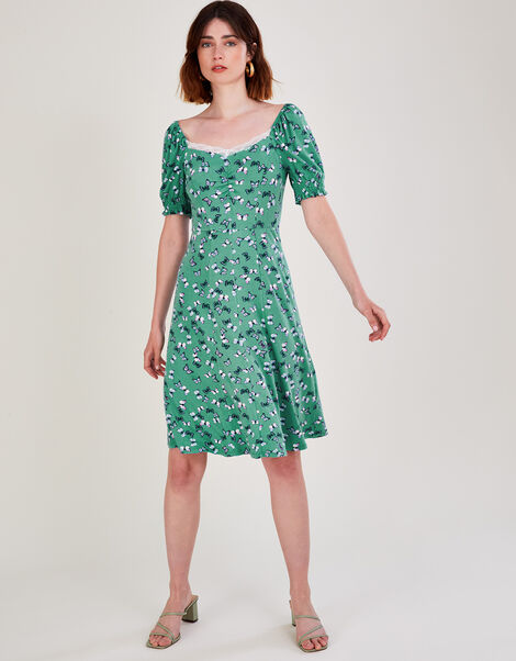 Lace Trim Jersey Short Dress Green, Green (GREEN), large