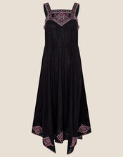 Embroidered Jersey Hanky Hem Dress , Black (BLACK), large