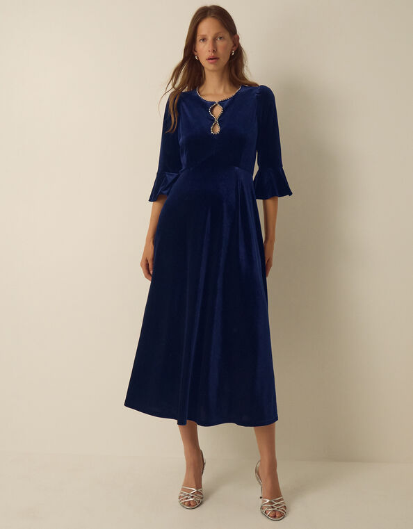 Clara Embellished Velvet Midi Dress, Blue (NAVY), large