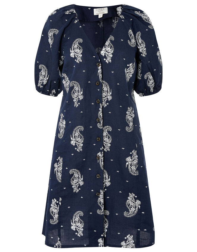 Heritage Print Dress in Linen Blend, Blue (NAVY), large