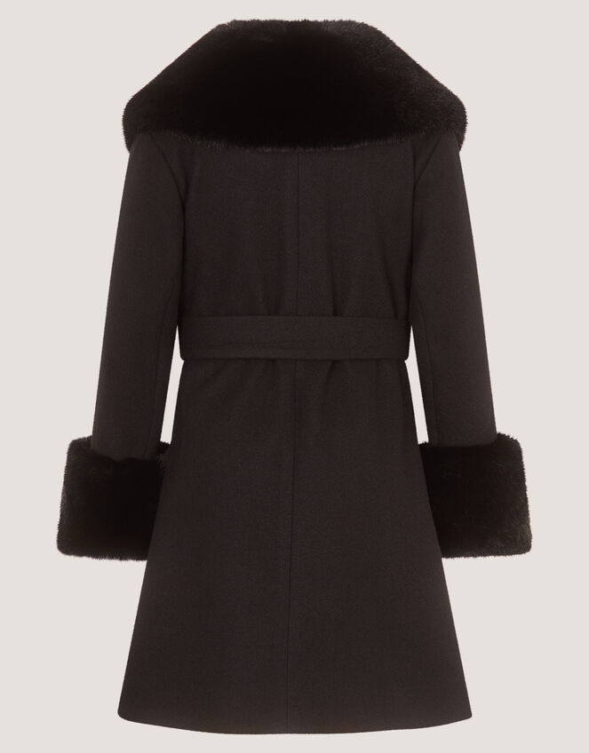 Faux Fur Collar Belted Coat, Black (BLACK), large