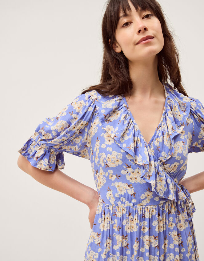 Sian Floral Print Ruffle Midi Dress, Blue (BLUE), large
