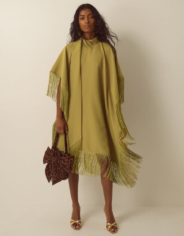 Novi High-Neck Fringe Mini Dress, Green (CHARTREUSE), large