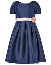 Corsage Belt Puff Sleeve Dress, Blue (NAVY), large