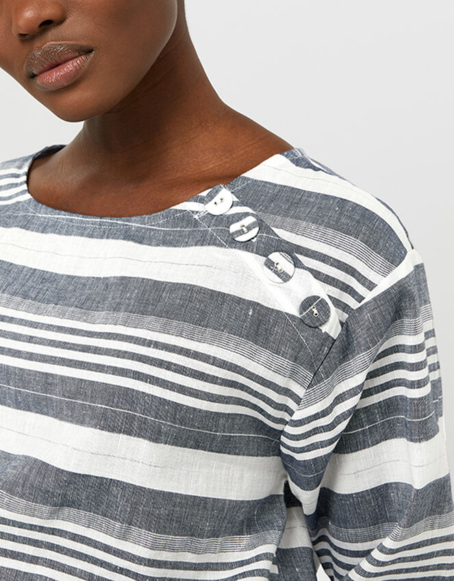Brooke Stripe Blouse in Linen and Organic Cotton, Blue (NAVY), large