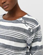 Brooke Stripe Blouse in Linen and Organic Cotton, Blue (NAVY), large