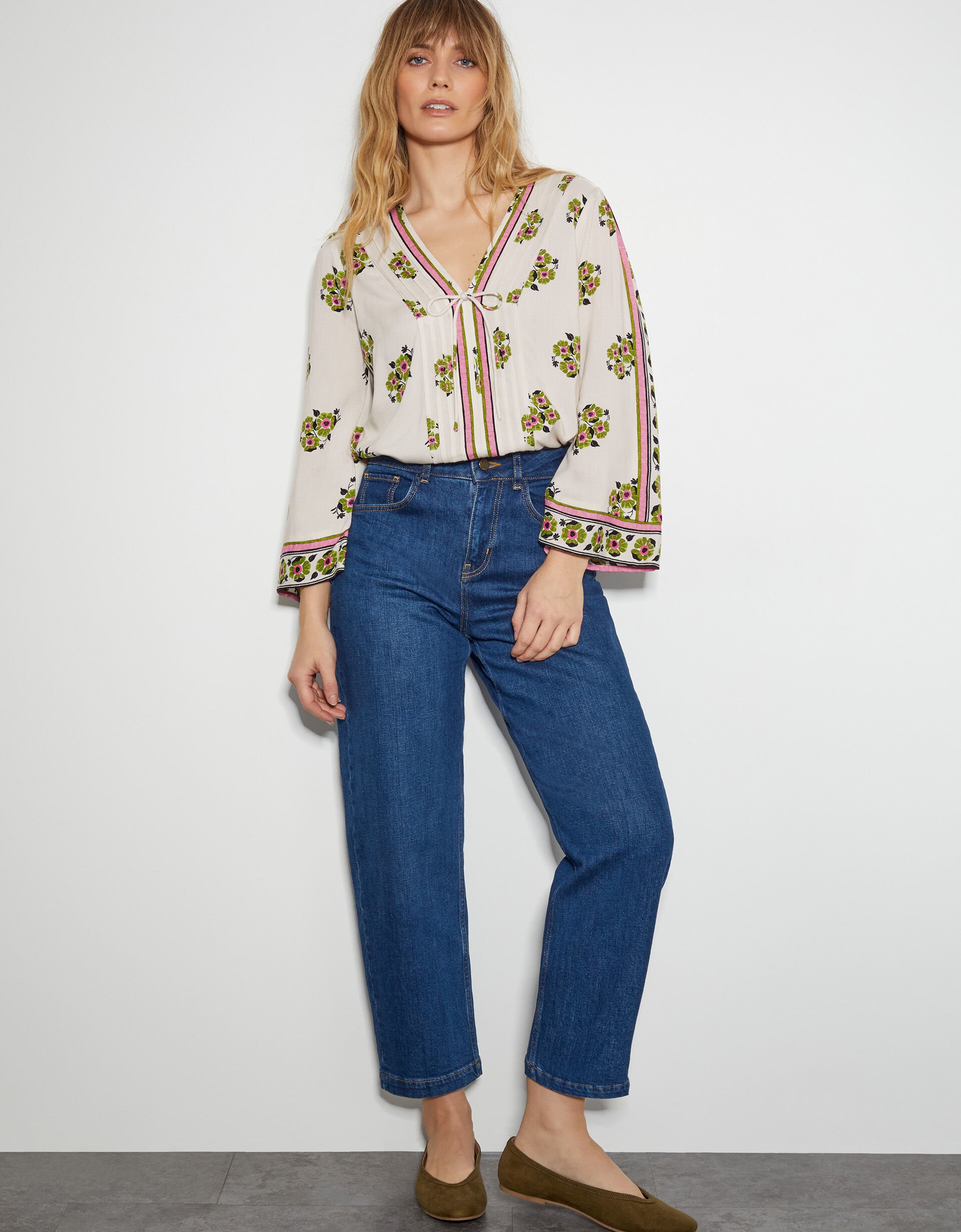 Louisa V-Neck Floral Print Blouse Ivory