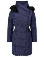 Patsy Long Padded Coat in Recycled Fabric, Blue (NAVY), large