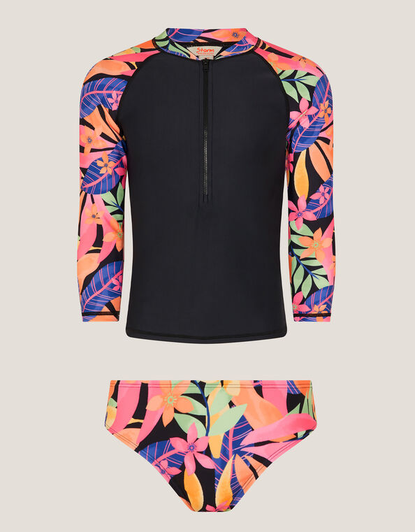 Tropical Floral UPF50+ Rash Vest & Briefs Set, Black (BLACK), large