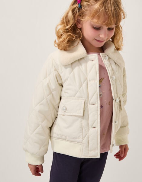 Faux Fur Collar Quilted Bomber Jacket, Cream (CREAM), large