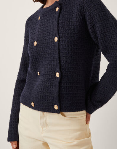 Skye Double-Breasted Waffle Knit Cardigan, Blue (NAVY), large