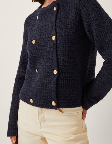 Skye Double-Breasted Waffle Knit Cardigan, Blue (NAVY), large