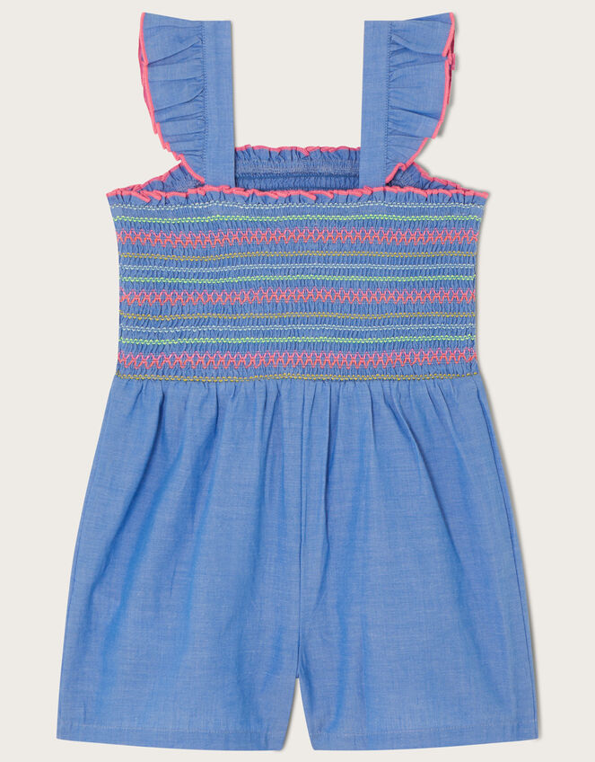 Shirred Chambray Romper, Blue (BLUE), large