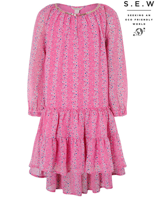 Trisha Floral Dress in Recycled Polyester, Pink (PINK), large