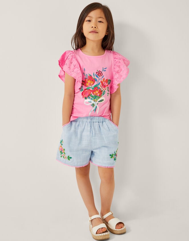 Floral Embroidered Slub Shorts, Blue (BLUE), large