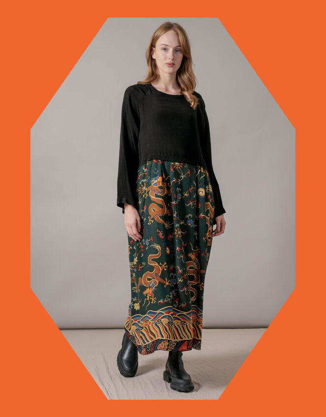One Hundred Stars Dragon Print Slouch Dress, Green (GREEN), large