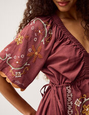 Greta Short Sleeve Embroidered Midi Dress, Brown (BROWN), large