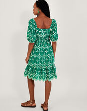 Embroidered Puff Sleeve Short Dress in Sustainable Cotton, Green (GREEN), large
