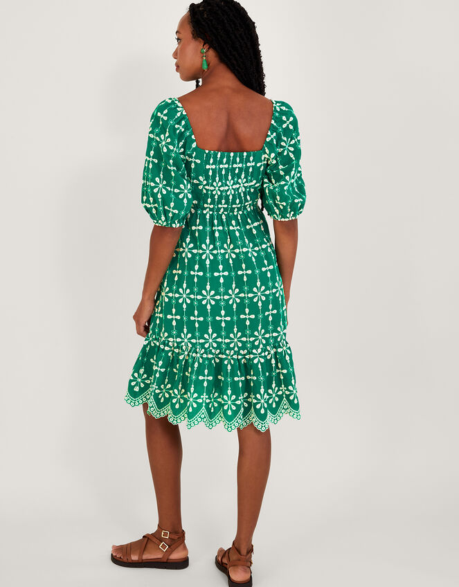 Embroidered Puff Sleeve Short Dress in Sustainable Cotton, Green (GREEN), large