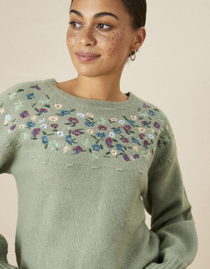Embroidered Yoke Longline Jumper Green