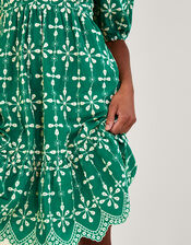 Embroidered Puff Sleeve Short Dress in Sustainable Cotton, Green (GREEN), large